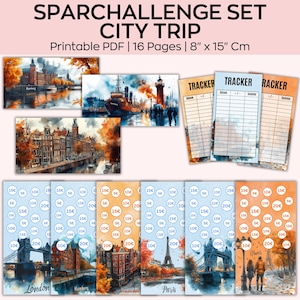 Op de afbeelding: Een afdrukbare citytrip-uitdagingsset met 16 pagina's. De set bevat aquarel illustraties van stadsgezichten, trackerbladen en cirkelvormige iconen met geldwaarden. De afmetingen zijn 20 cm x 38 cm.