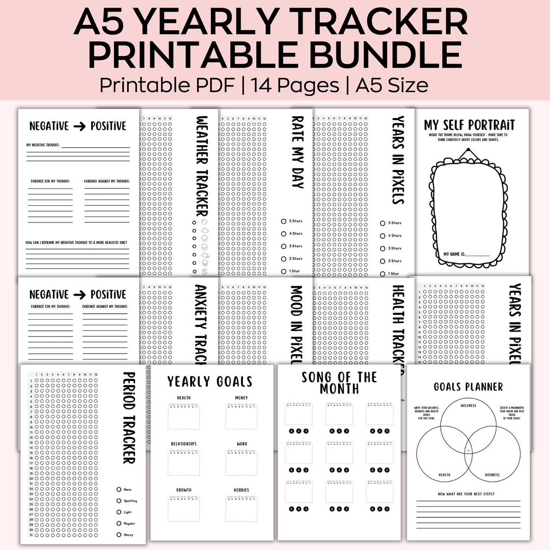 Yearly Trackers Bundle, A5 Planner Pages, Printable Journal Pages ...