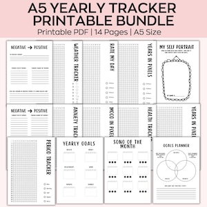 May include: A printable A5 yearly tracker bundle with 14 pages. The pages include trackers for mood, anxiety, health, weather, period, yearly goals, and more. The pages are black and white with a minimalist design.