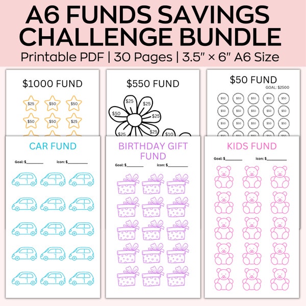 A6 Savings Funds Printable, Birthday Saving Challenge bundle,Saving Funds,A6 Cash binder & Envelope Saving Challenge , Set Of 20, Fund 1000