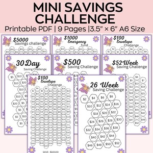 Mini-sparutmaningspaket, spårningslappar passar A6-budgetpärmar, 500 sparutmaningar, månatlig sparutmaning, sparmål, 9-pack
