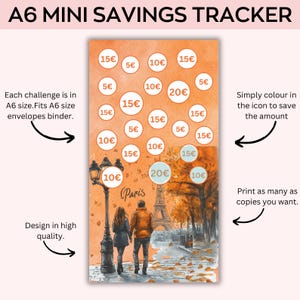 May include: A6 Mini Savings Tracker with an orange background and a watercolor illustration of Paris. The tracker features circles with amounts from 5&euro; to 20&euro; to color in. Text includes "Each challenge is in A6 size. Fits A6 size envelopes binder."