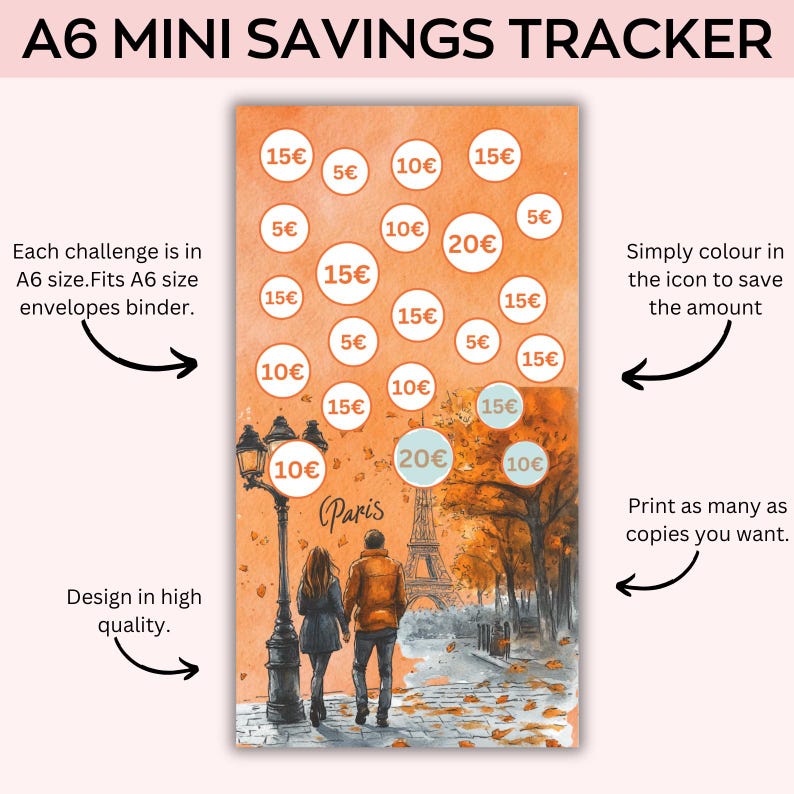 May include: A6 Mini Savings Tracker with an orange background and a watercolor illustration of Paris. The tracker features circles with amounts from 5&euro; to 20&euro; to color in. Text includes "Each challenge is in A6 size. Fits A6 size envelopes binder."