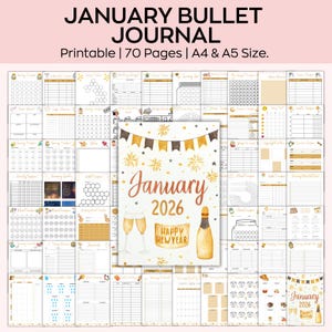 May include: A printable January 2026 bullet journal with 70 pages, A4 & A5 size. The cover features a watercolor illustration with champagne glasses, a bottle, and the text "Happy New Year". The journal includes various planning pages.