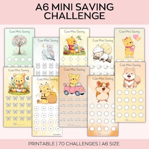 May include: A collection of printable A6 mini saving challenge cards. Each card features a different cute cartoon animal or design, with spaces to track savings. The cards are labeled "Cute Mini Saving" and are designed for 70 challenges.