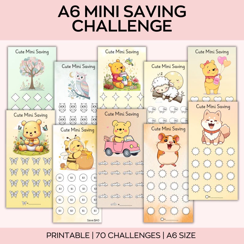 May include: A collection of printable A6 mini saving challenge cards. Each card features a different cute cartoon animal or design, with spaces to track savings. The cards are labeled "Cute Mini Saving" and are designed for 70 challenges.