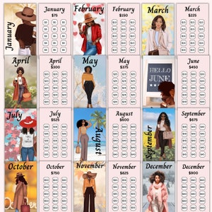 May include: A calendar featuring twelve months of the year, each with a different illustration of a woman in a stylish outfit. The calendar is decorated with pink and white backgrounds and includes a price for each month.