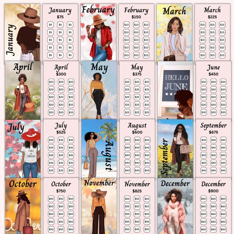 May include: A calendar featuring twelve months of the year, each with a different illustration of a woman in a stylish outfit. The calendar is decorated with pink and white backgrounds and includes a price for each month.