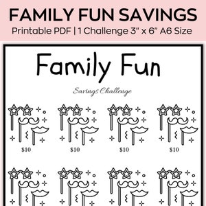 May include: A black and white printable PDF with the text "FAMILY FUN SAVINGS" and "Family Fun Savings Challenge". The design includes star-shaped glasses, mustaches, and lips. The size is 3" x 6".