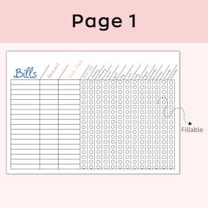 May include: A printable bill tracker with a black and white grid. The tracker has columns for bills, amount, due date, and a check box for each month of the year. The text "Fillable" is written in black next to a dashed arrow pointing to the check boxes.