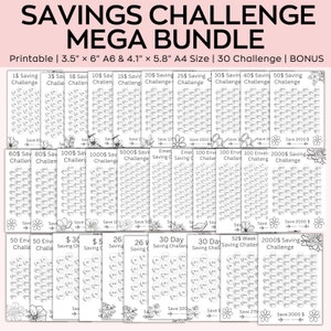 A6 Savings Challenge Printable, Savings Challenge Bundle, 1000 Savings Challenge, A6 Sized Mini Savings Challenge Trackers, Set Of 30, funds