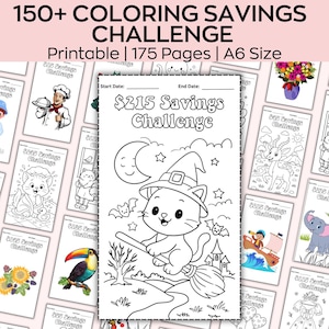 May include: A collection of printable coloring pages with the text "150+ COLORING SAVINGS CHALLENGE". The pages feature various illustrations, including a cat on a broom, a chef, and a toucan. The pages are A6 size and have 175 pages.