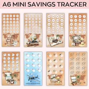 May include: A6 Mini Savings Tracker sheets with travel-themed illustrations. Each sheet features a different design, including a backpack, globe, camera, suitcase, dice, and airplane, with spaces for tracking savings. The text "A6 MINI SAVINGS TRACKER" is at the top.