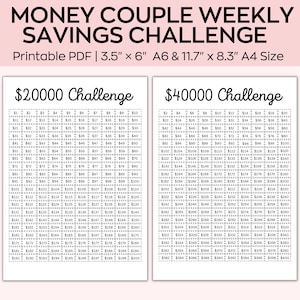 May include: A printable PDF savings challenge for couples. The document features two charts, one for a $20,000 savings goal and one for a $40,000 savings goal. Each chart is divided into weekly increments, with dollar amounts listed for each week.