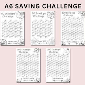 May include: A printable A6 size saving challenge with five different options for saving money. Each option has a different number of envelopes and a different total amount to save. The options are 50 envelopes for $1378, 50 envelopes for $1275, 100 envelopes for $10100, 100 envelopes for $20200, and 100 envelopes for $5050. Each option has a black and white design with floral accents.