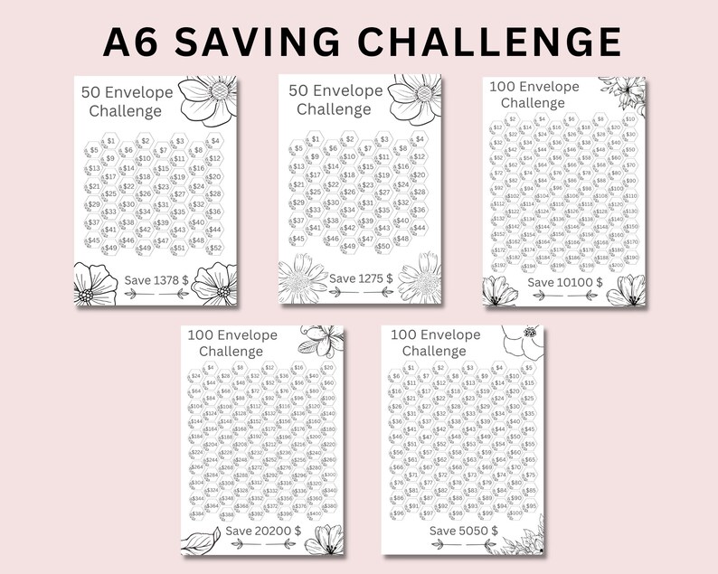 May include: A printable A6 size saving challenge with five different options for saving money. Each option has a different number of envelopes and a different total amount to save. The options are 50 envelopes for $1378, 50 envelopes for $1275, 100 envelopes for $10100, 100 envelopes for $20200, and 100 envelopes for $5050. Each option has a black and white design with floral accents.