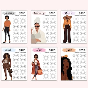 May include: A printable savings challenge chart with six months of the year, January through June. Each month features a different illustration of a woman and a savings goal amount. The chart is designed to help people save money.