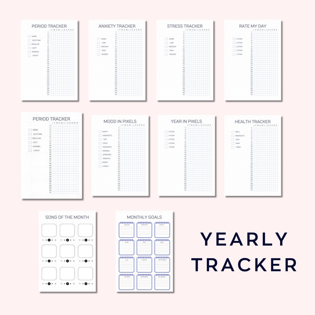 Yearly Trackers Bundle, Printable Bullet Journal, Motivational Planner ...