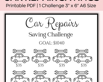 May include: A printable car repair savings challenge tracker with a goal of $1040. The tracker has 8 spaces to track savings, with each space representing $35 or $45.