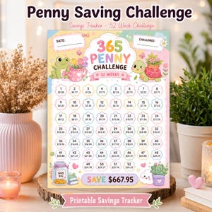 May include: A 52-week penny saving challenge tracker sheet featuring a pastel color palette, a frog, a turtle, and floral illustrations. The chart includes numbered flower icons with dollar amounts, a savings jar graphic, and the text 365 PENNY CHALLENGE.