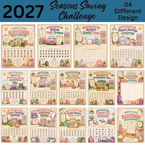 Puede incluir: Una colección de 14 rastreadores de desafíos de ahorro ilustrados para 2027, con diseños coloridos con temas como Month Ahead Savings, Drive Your Dreams, Bright Smile Fund, Phone Savings, Road to Protection y otros objetivos financieros.