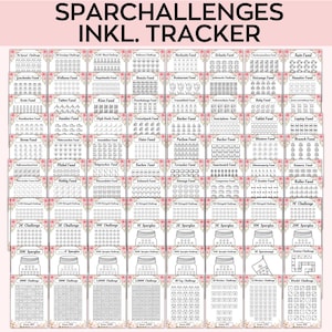 May include: A black and white printable tracker sheet with a pink floral border. The sheet is divided into 40 sections, each with a different savings challenge or fund. The challenges include saving for a new car, a house, a vacation, and more. The sheet also includes a tracker for each challenge, so you can track your progress.