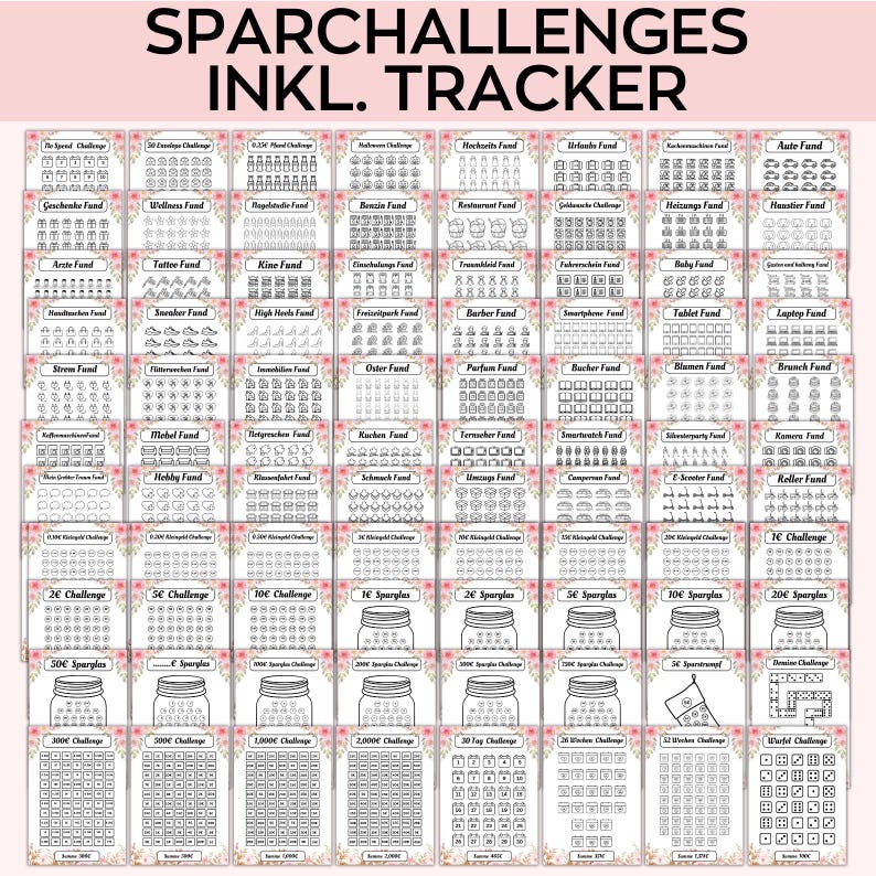 May include: A black and white printable tracker sheet with a pink floral border. The sheet is divided into 40 sections, each with a different savings challenge or fund. The challenges include saving for a new car, a house, a vacation, and more. The sheet also includes a tracker for each challenge, so you can track your progress.