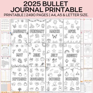 2025 Premade Bullet Journal Bundle, Undated Digital Bullet Journal Template, Color in Journal, Daily Weekly Monthly Journal Kit