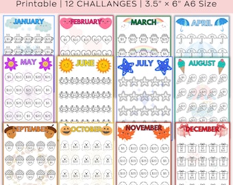 May include: A printable 12-month savings challenge with a different theme for each month. Each month has a grid of 30 circles with different dollar amounts to save. The themes include snowflakes, hearts, rainbows, umbrellas, flowers, crabs, stars, ice cream cones, acorns, ghosts, maple leaves, and gift boxes.