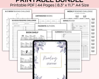 May include: A printable reading planner bundle with 44 pages. The cover features a floral design with the text "Reading planner" in a gold frame. The bundle includes pages for tracking books read, favorite authors, and weekly reading challenges.