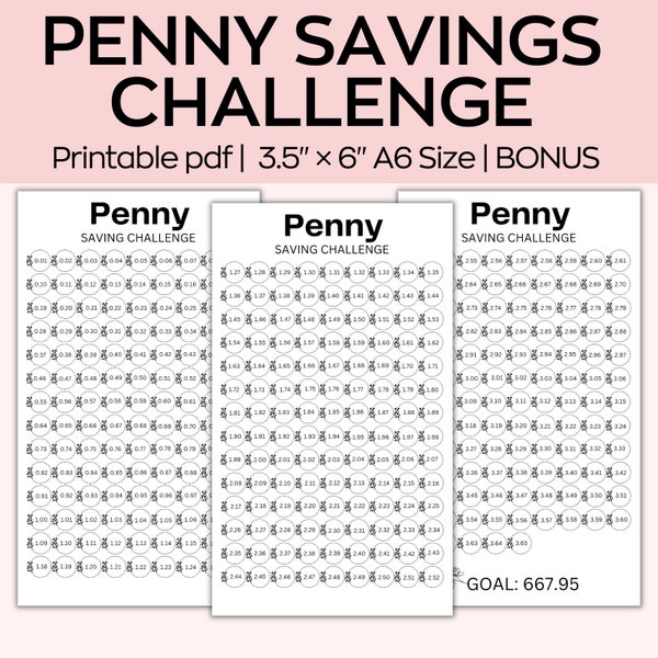 Penny Saving Challenge printable,A6 Budget Binder, saving tracker, Money Saving,Monthly Savings,1p Saving challenge,667.95US Budget Tracker