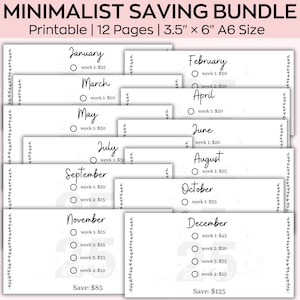 Op de afbeelding: Een printbare minimalistische spaarbundel met 12 pagina's, elke pagina met een maand van het jaar met een checklist voor wekelijkse spaardoelen. De pagina's zijn ontworpen met een eenvoudige zwart-wit esthetiek en bevatten een totaal spaarbedrag onderaan elke pagina.