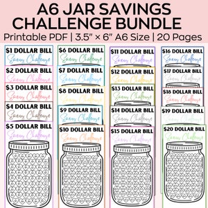 Mini Savings Challenge bundle, Trackers Fits A6 Budget Binders, Savings Challenge Bundle, 1 Dollar Bill, 5 Dollar Bill, 20 Dollar Bill
