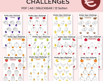 Kinder Spar Challenge zum Ausdrucken, Obst Mix Spar Challenge, Mini SparChallenge im A6 Format, Geld Spar Challenge, Lebensmittel Challenge,