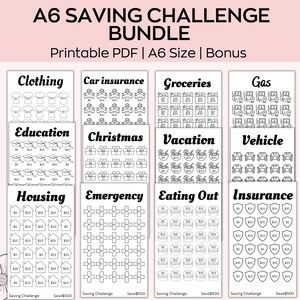 May include: A printable A6 size PDF bundle of saving challenge trackers. The trackers include categories such as clothing, car insurance, groceries, gas, education, Christmas, vacation, vehicle, housing, emergency, eating out, and insurance. Each tracker has a grid of 50 squares with dollar amounts ranging from $5 to $30. The trackers are designed to help people save money.