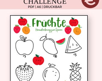Kinder Spar Challenge zum Ausdrucken, Obst Mix Spar Challenge, Mini Spar Challenge im A6 Format, Geld Challenge, Lebensmittel Spar Challenge