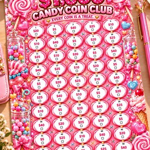 Sfida del Club delle 1000 Monete Caramelle, Ogni moneta è un dolcetto, Tracker di denaro rosa stampabile, Riempimento di contanti PDF A4