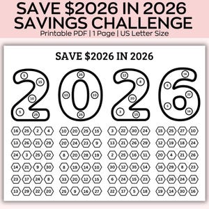 Puede incluir: Desafío de ahorro imprimible en blanco y negro para 2026. El diseño presenta los números 2026 con círculos dentro de cada número, y una cuadrícula de hexágonos numerados debajo. El texto "SAVE $2026 IN 2026 SAVINGS CHALLENGE" está en la parte superior.