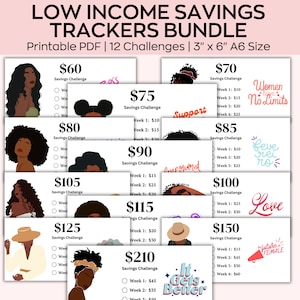 May include: A printable PDF bundle of 12 savings trackers featuring colourful illustrations of women with different hairstyles and accessories. Each tracker has a savings goal amount, such as £60, £75, £80, £85, £90, £100, £105, £115, £125, £150, £210, and £70. The trackers are designed for low-income individuals and include motivational quotes like "Women have no limits", "Love yourself", "It gets better", and "The future is female".
