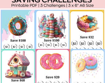 May include: Printable mini donut saving challenge cards.  There are three challenges, each with a different donut image and a goal amount to save.  The first challenge is to save $100, the second is to save $60, and the third is to save $20.  Each challenge has a grid of circles to track progress.