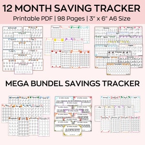 May include: A printable PDF savings tracker with 98 pages, each page featuring a different monthly savings challenge. The tracker is designed for a 3 inch by 6 inch A6 size paper. The pages are decorated with seasonal themes and icons.