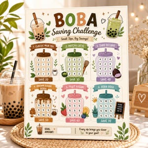 May include: A rectangular paper Boba Saving Challenge tracker featuring six colourful sections for different boba drinks. Each section includes a jar illustration with numbered circles for tracking savings, labelled with titles like Classic Milk Tea and Taro Delight.