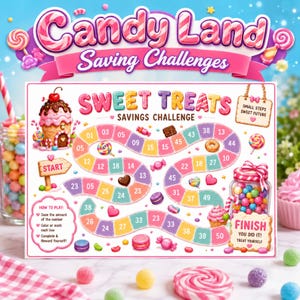 Puede incluir: Un tablero de juego rectangular Candy Land Saving Challenges con un camino sinuoso de casillas numeradas en colores pastel. El tablero incluye el texto Sweet Treats Savings Challenge, Start, Finish y How to Play, decorado con ilustraciones de cupcakes, piruletas y dulces.