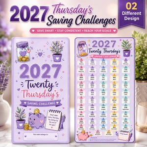 May include: Two purple 2027 Twenty Thursday's Saving Challenge trackers. The left card features a piggy bank, a jar of coins, and a notepad. The right card displays a grid of dates for each Thursday of the year with a piggy bank at the bottom.