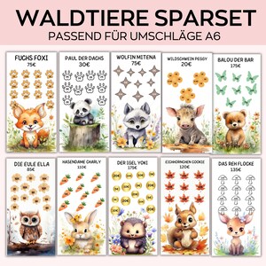 Utskrivbart A6-sparutmaning, Sparchallenge-skogens djur, finanshäftapparat, budgetplanerare, sparande med låg inkomst, sparande med medel