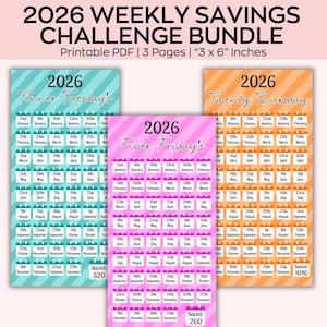 Puede incluir: Un paquete imprimible de desafíos de ahorro semanal de 2026 con tres páginas, cada una de 7,6 x 15,2 cm. Las páginas están tematizadas para los martes de diez, los jueves de veinte y los viernes de cinco, con fechas y objetivos de ahorro.