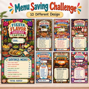 Puede incluir: Un desafío de ahorro Menu Saving Challenge con 10 diseños diferentes y gráficos coloridos de comida. Cada sección incluye un rastreador de objetivos, un menú de ahorro con artículos y precios, y una línea para el total ahorrado.