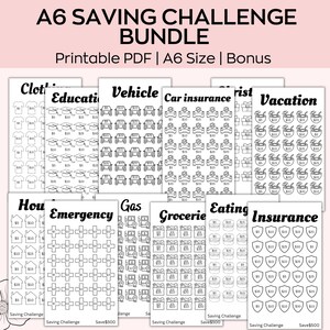 May include: A printable A6 size PDF bundle of saving challenge trackers. The trackers feature black and white illustrations of various items, such as clothes, education, vehicles, car insurance, vacation, house, emergency, gas, groceries, eating, and insurance. Each tracker has a title and a dollar amount to track savings.