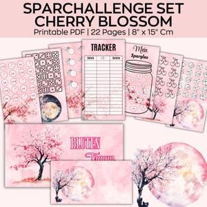 Puede incluir: Un conjunto de páginas PDF imprimibles rosas con temática de flor de cerezo. El conjunto incluye un rastreador, dados y otros elementos. Las dimensiones son 8" x 15" (20,32 cm x 38,1 cm). El texto incluye "SPARCHALLENGE SET CHERRY BLOSSOM" y "BLUTEN Traum".