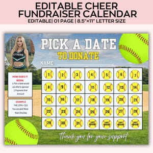 Könnte beinhalten: Eine bearbeitbare Cheer-Spendenkalender-Vorlage im Format 21,6 x 27,9 cm. Das Design zeigt ein Softball-Thema mit gelben Bällen, einem Spielfeld-Hintergrund und einem Raster mit den Zahlen 1 bis 31 für Spenden. Text: PICK A DATE TO DONATE.